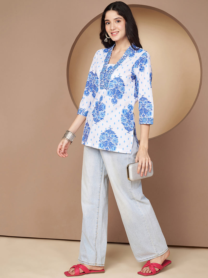 Poshak Hub White and Blue Floral Print V Neck Top