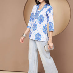 Poshak Hub White and Blue Floral Print V Neck Top