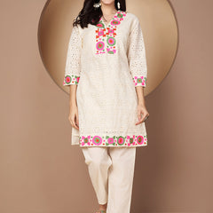 Poshak Hub Women Off-White Premium cotton Hakuba Chicken Embroidery Co-Ord Set