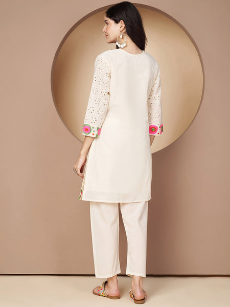 Poshak Hub Women Off-White Premium cotton Hakuba Chicken Embroidery Co-Ord Set