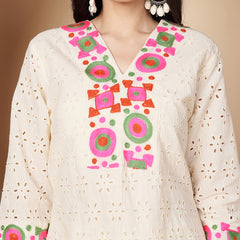 Poshak Hub Women Off-White Premium cotton Hakuba Chicken Embroidery Co-Ord Set