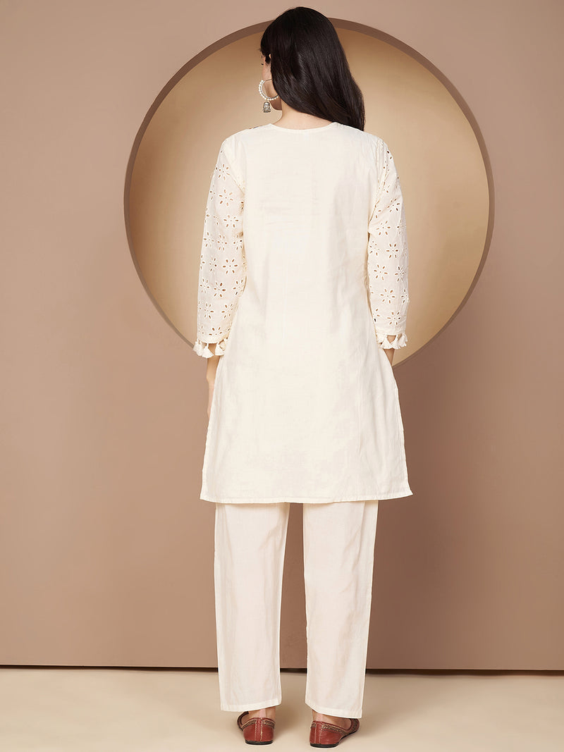 Poshak Hub Women Off-White Premium cotton Hakuba Chicken Embroidery Co-Ord Set