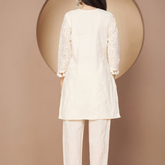 Poshak Hub Women Off-White Premium cotton Hakuba Chicken Embroidery Co-Ord Set