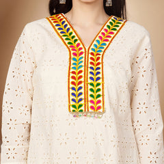 Poshak Hub Women Off-White Premium cotton Hakuba Chicken Embroidery Co-Ord Set