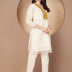 Poshak Hub Women Off-White Premium cotton Hakuba Chicken Embroidery Co-Ord Set