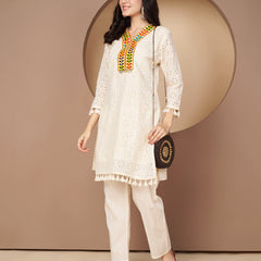 Poshak Hub Women Off-White Premium cotton Hakuba Chicken Embroidery Co-Ord Set