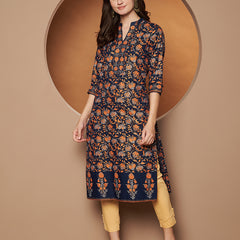 Poshak Hub Women Cotton Blue Gold Print Staright Kurta