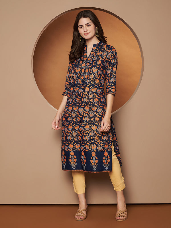 Poshak Hub Women Cotton Blue Gold Print Staright Kurta