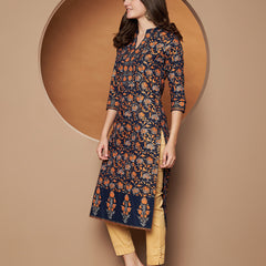 Poshak Hub Women Cotton Blue Gold Print Staright Kurta