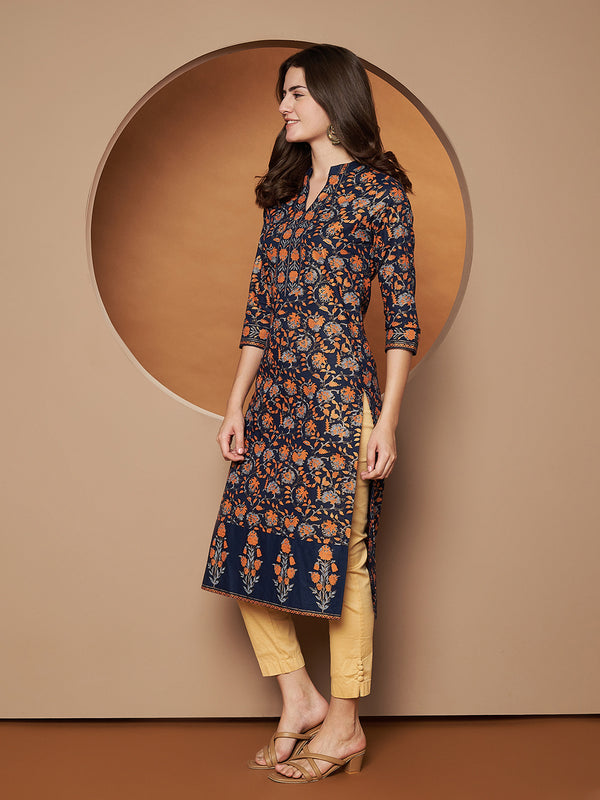 Poshak Hub Women Cotton Blue Gold Print Staright Kurta