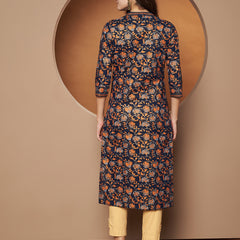 Poshak Hub Women Cotton Blue Gold Print Staright Kurta