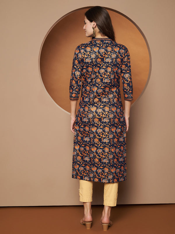 Poshak Hub Women Cotton Blue Gold Print Staright Kurta