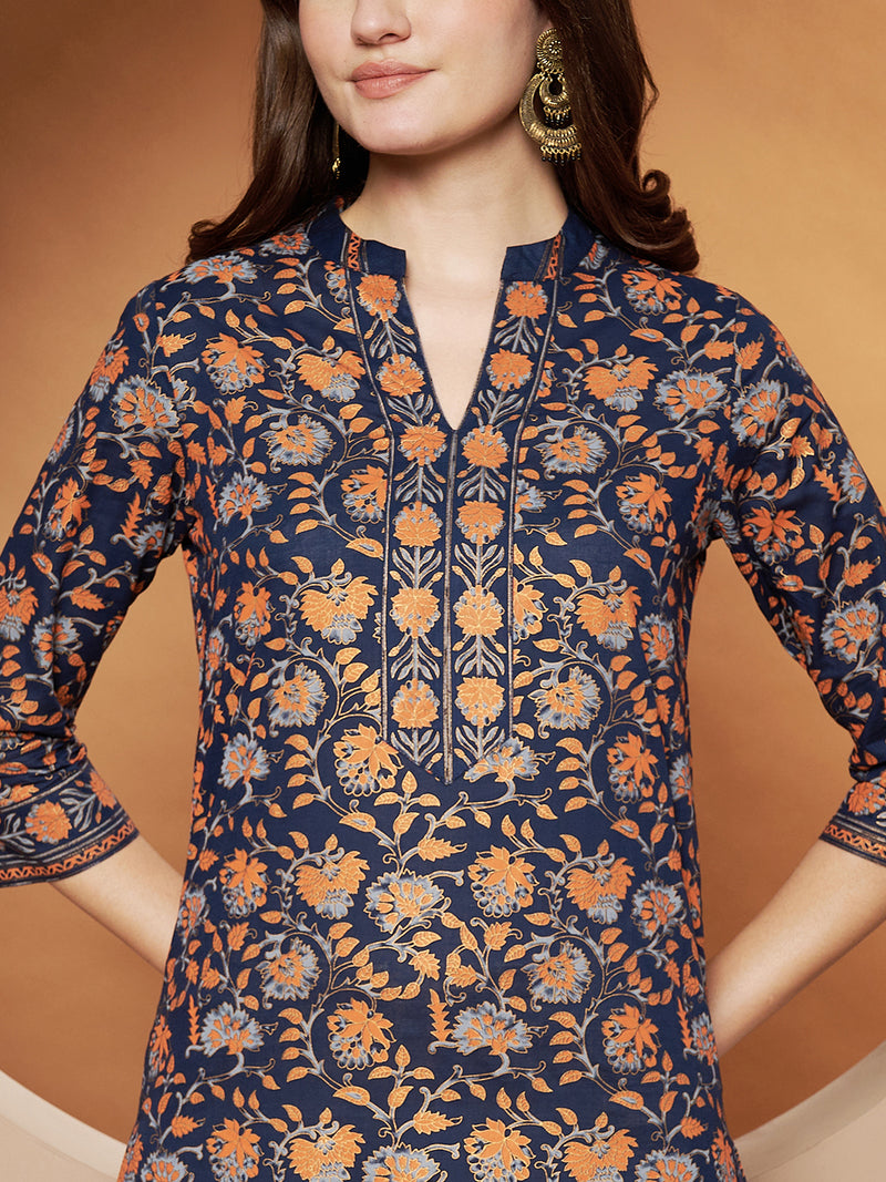 Poshak Hub Women Cotton Blue Gold Print Staright Kurta