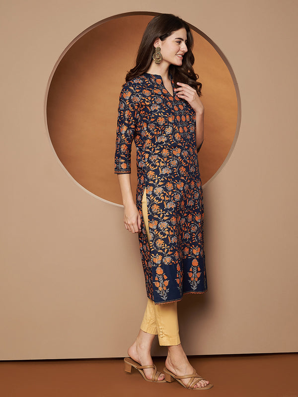 Poshak Hub Women Cotton Blue Gold Print Staright Kurta