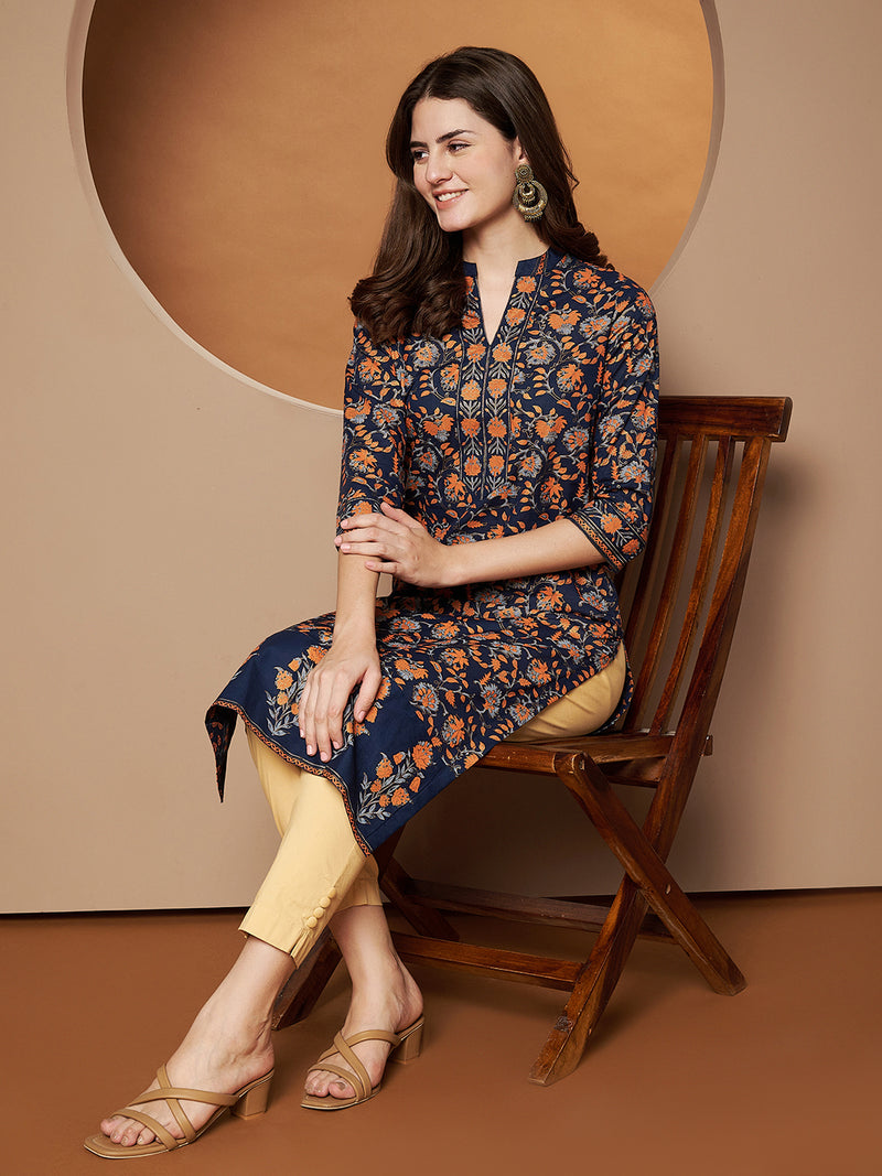 Poshak Hub Women Cotton Blue Gold Print Staright Kurta