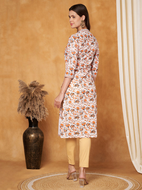 Poshak Hub Women Cotton Off-White Gold Print Staright Kurta