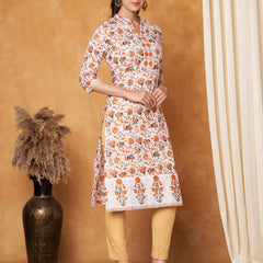 Poshak Hub Women Cotton Off-White Gold Print Staright Kurta