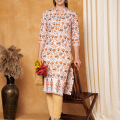 Poshak Hub Women Cotton Off-White Gold Print Staright Kurta