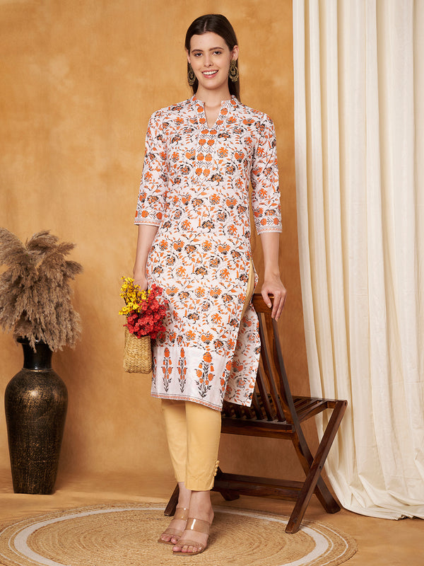 Poshak Hub Women Cotton Off-White Gold Print Staright Kurta