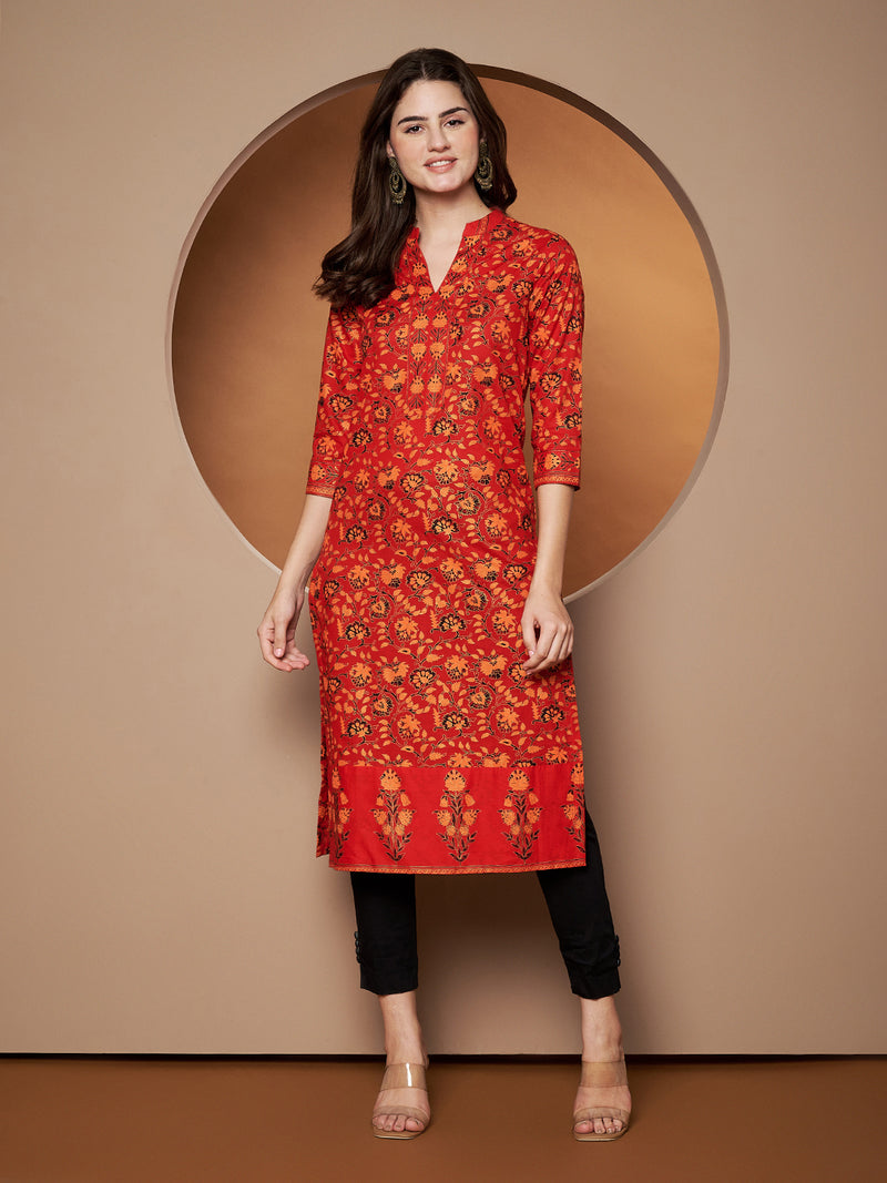 Poshak Hub Women Cotton Red Gold Print Staright Kurta