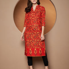 Poshak Hub Women Cotton Red Gold Print Staright Kurta