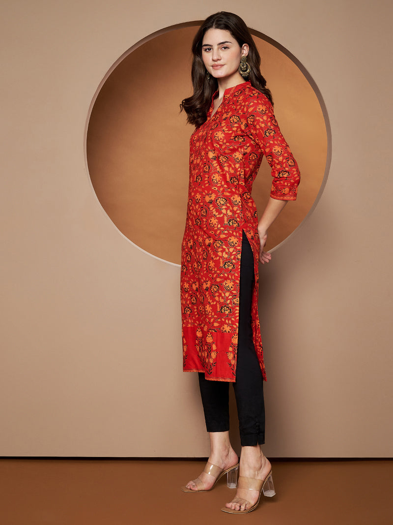 Poshak Hub Women Cotton Red Gold Print Staright Kurta