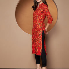Poshak Hub Women Cotton Red Gold Print Staright Kurta