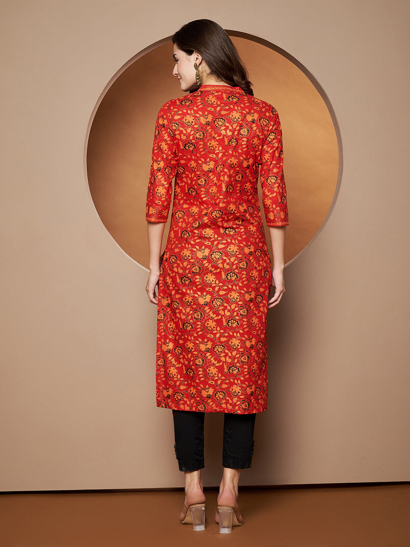 Poshak Hub Women Cotton Red Gold Print Staright Kurta