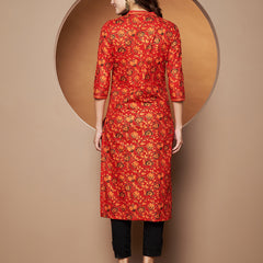 Poshak Hub Women Cotton Red Gold Print Staright Kurta