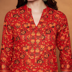 Poshak Hub Women Cotton Red Gold Print Staright Kurta