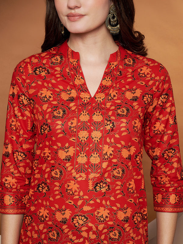 Poshak Hub Women Cotton Red Gold Print Staright Kurta