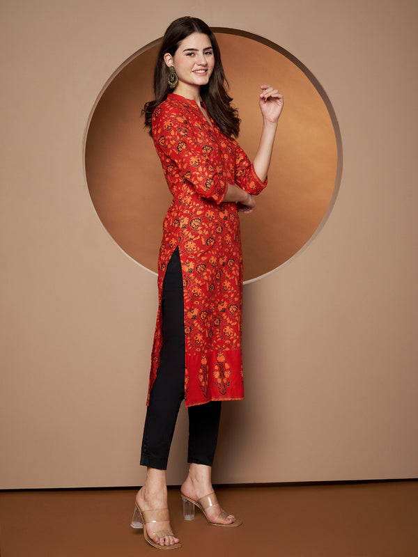 Poshak Hub Women Cotton Red Gold Print Staright Kurta