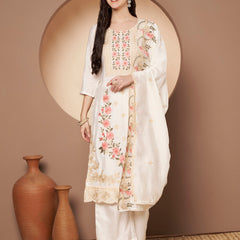 White Floral Aari Work Embroidered Kurta with Palazzo & Embroidered Dupatta
