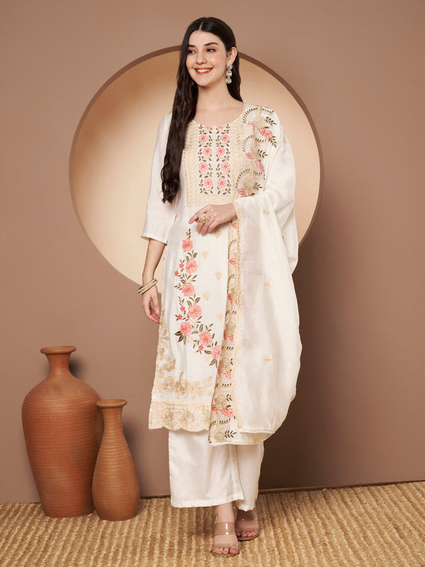 White Floral Aari Work Embroidered Kurta with Palazzo & Embroidered Dupatta