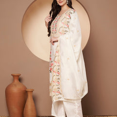 White Floral Aari Work Embroidered Kurta with Palazzo & Embroidered Dupatta