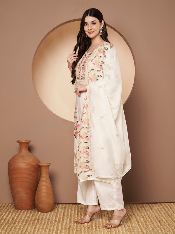 White Floral Aari Work Embroidered Kurta with Palazzo & Embroidered Dupatta