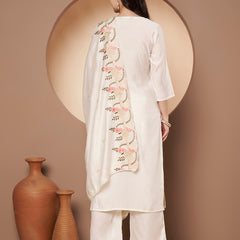 White Floral Aari Work Embroidered Kurta with Palazzo & Embroidered Dupatta
