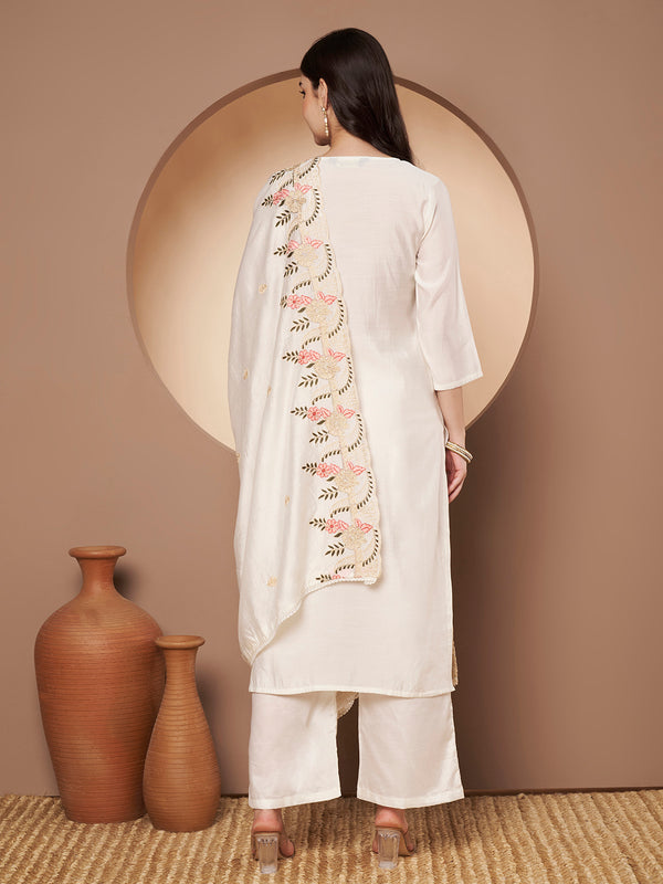White Floral Aari Work Embroidered Kurta with Palazzo & Embroidered Dupatta
