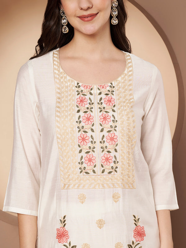 White Floral Aari Work Embroidered Kurta with Palazzo & Embroidered Dupatta