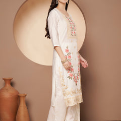 White Floral Aari Work Embroidered Kurta with Palazzo & Embroidered Dupatta