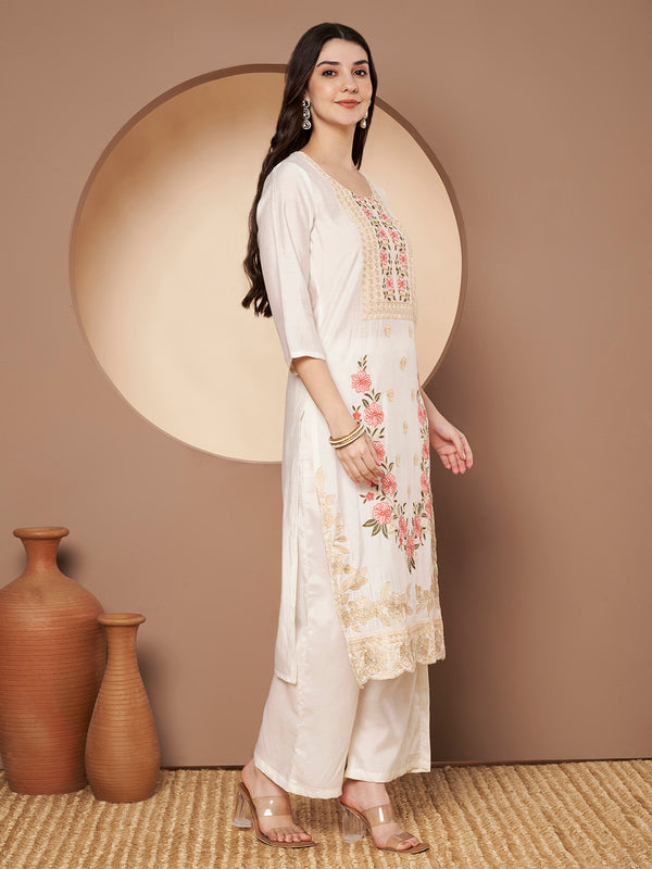 White Floral Aari Work Embroidered Kurta with Palazzo & Embroidered Dupatta