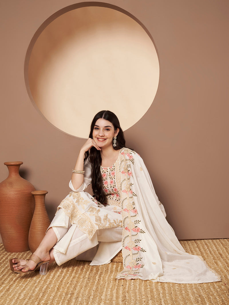 White Floral Aari Work Embroidered Kurta with Palazzo & Embroidered Dupatta