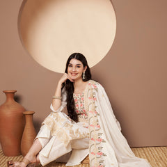 White Floral Aari Work Embroidered Kurta with Palazzo & Embroidered Dupatta