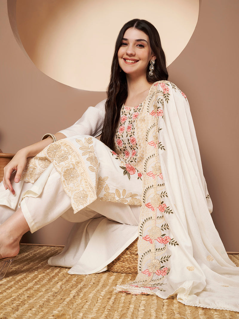 White Floral Aari Work Embroidered Kurta with Palazzo & Embroidered Dupatta