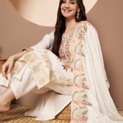 White Floral Aari Work Embroidered Kurta with Palazzo & Embroidered Dupatta