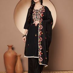 Black Floral Aari Work Embroidered Kurta with Palazzo & Embroidered Dupatta