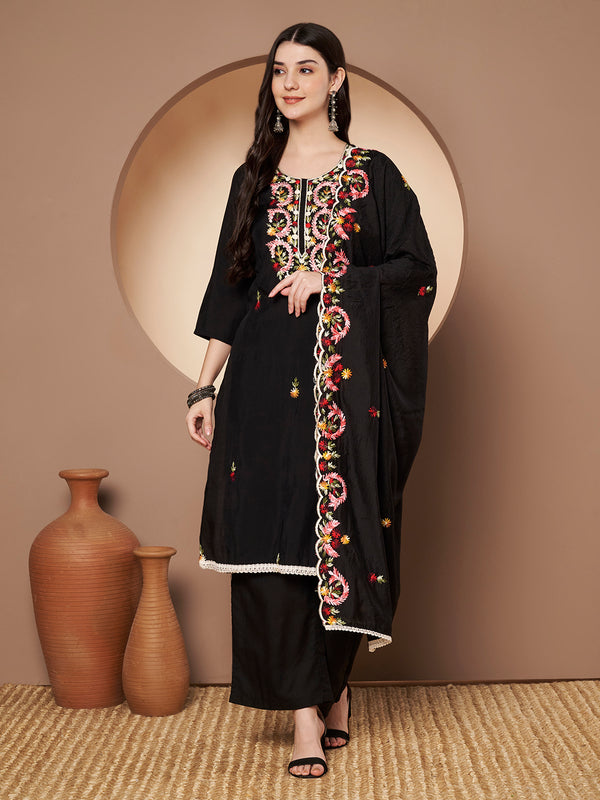 Black Floral Aari Work Embroidered Kurta with Palazzo & Embroidered Dupatta