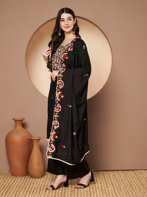 Black Floral Aari Work Embroidered Kurta with Palazzo & Embroidered Dupatta