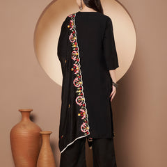 Black Floral Aari Work Embroidered Kurta with Palazzo & Embroidered Dupatta