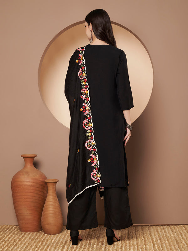 Black Floral Aari Work Embroidered Kurta with Palazzo & Embroidered Dupatta